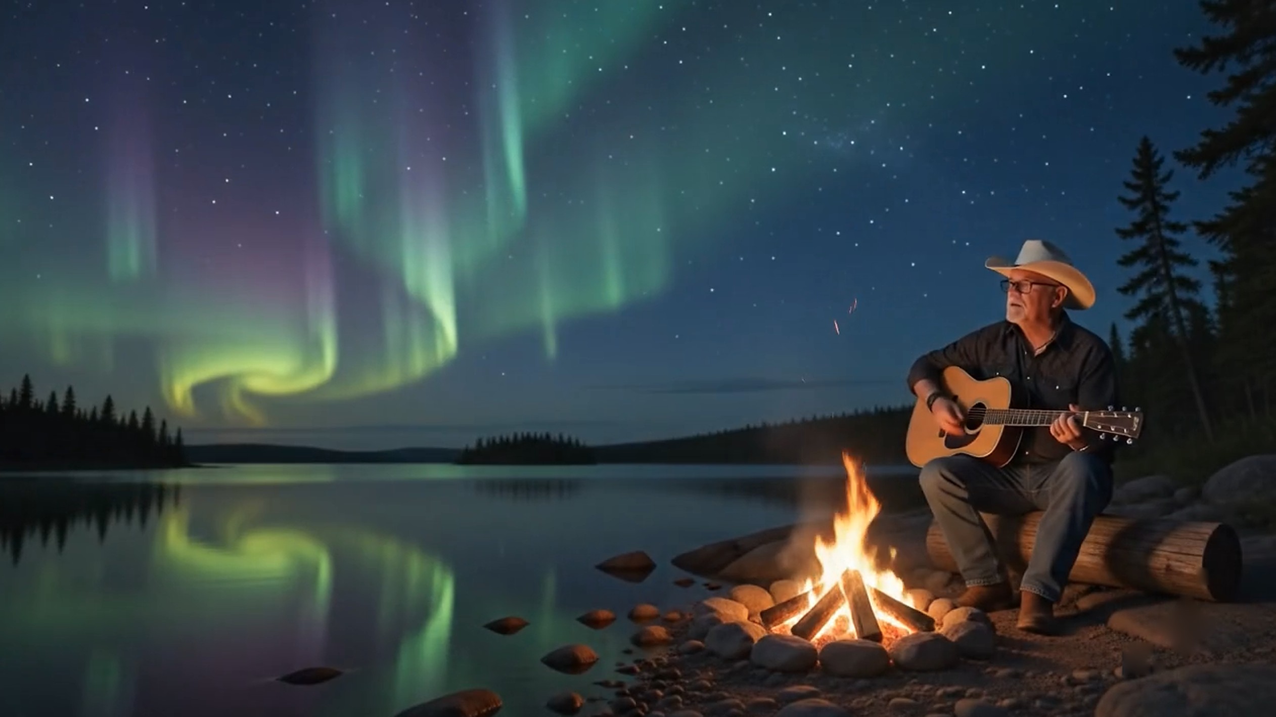 Ian McIvor with guitar by a campfire under the aurora